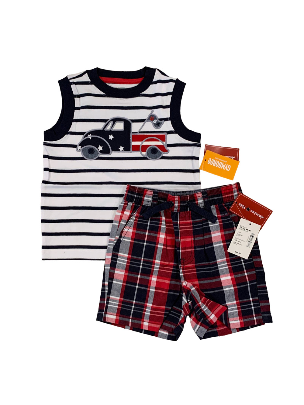 NWT Gymboree Boys Patriotic Truck Applique Tank & Plaid Jogger Shorts